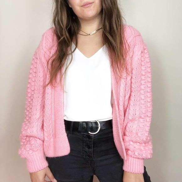 H&M | Women's Medium Coral Pink Chunky Knit Wool Cardigan Sweater Bobble Pompom - Picture 8 of 8